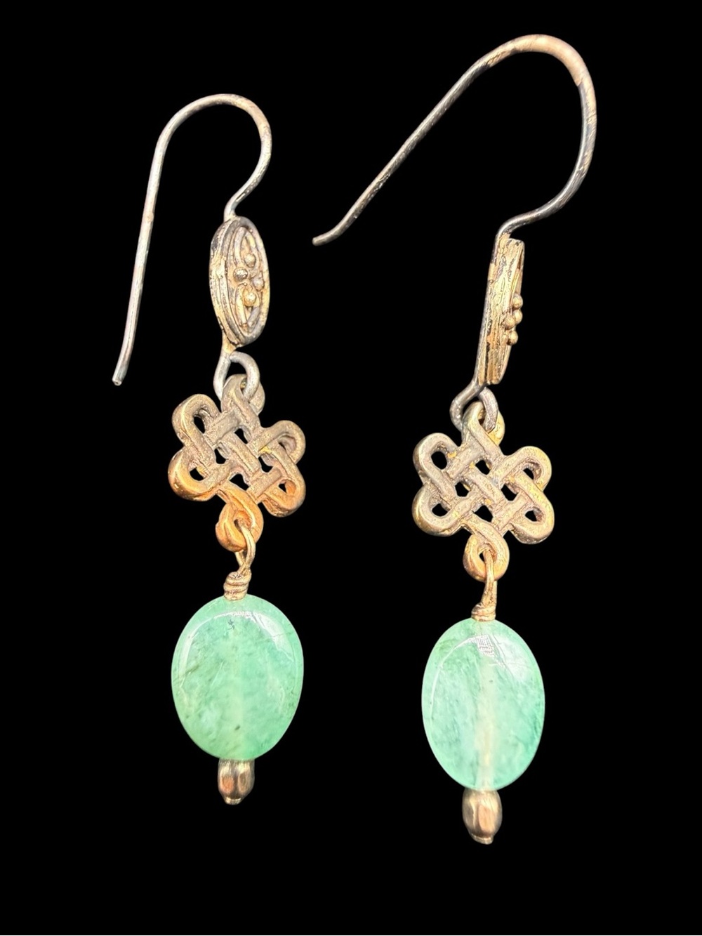 Vintage Green Stone & Gold Tone Knot Drop Earrings